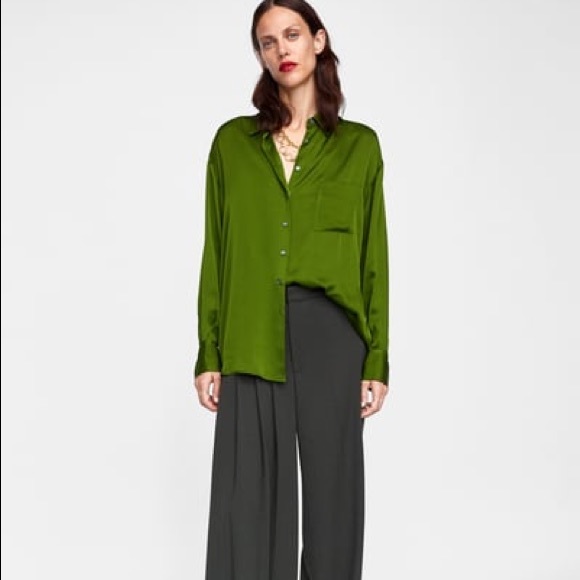 green satin blouse zara